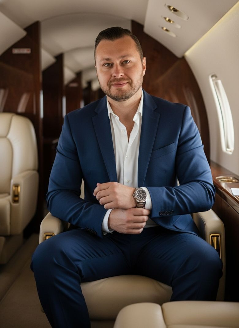 Yanni Thanas in a navy suit aboard a private jet